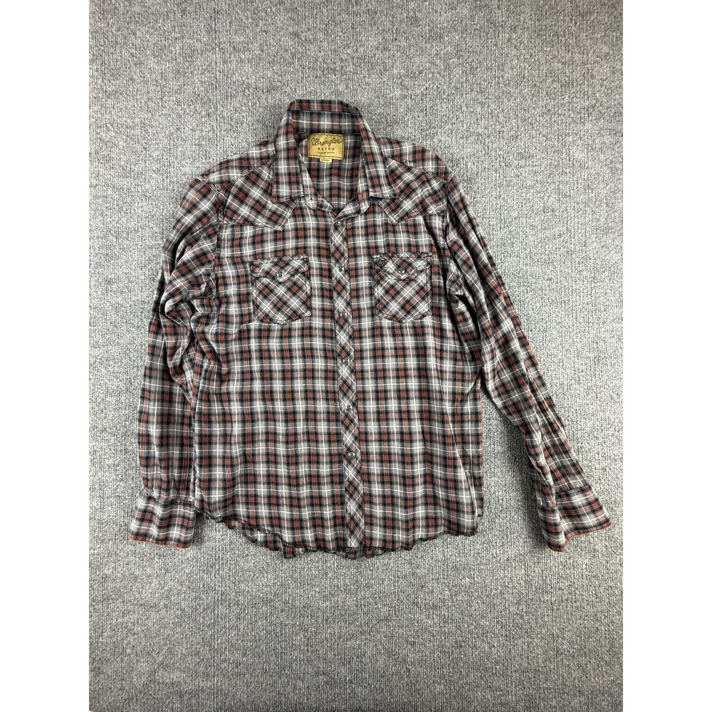 Wrangler Shirt Mens XL Gray Plaid Western Pearl Snap Long Sleeve Retro Cowboy
